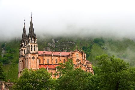 Fog at the shrine of Covadonga, Asturias (Spain)の写真素材
