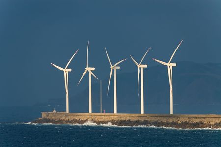 Wind generators in the bay, Bizkaia (Spain)の写真素材
