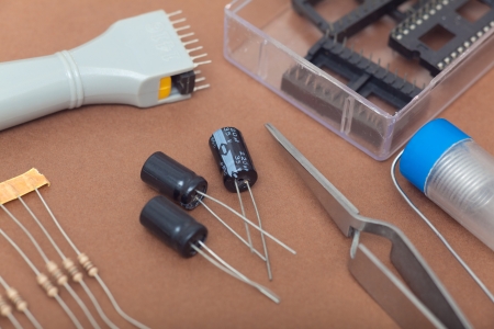 Electronic components in brown backgroundの写真素材