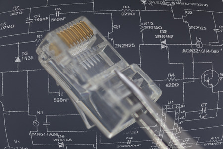 Network conexion and electronic scheme in black background