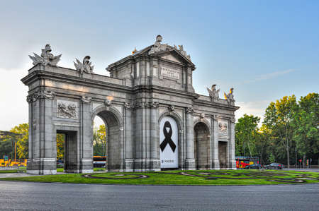 Madrid, Spain - 20 May 2020: View of the Puerta de Alcala in Madrid at dawn on a day of quarantine.のeditorial素材