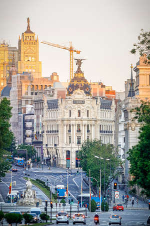 Madrid, Spain 22 may 2020: vertical cityscape at Alcala and Gran Via streets.のeditorial素材