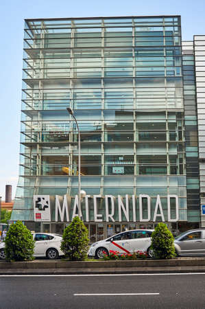 Madrid, Spain - June 4, 2020:  Maternity and Children's HospitalÂ inÂ MadridÂ (Spain), at 48Â Calle de O'DonnellÂ ("O'DonnellÂ Street") inÂ Retiro district. Building was projected in 1996 . Text translation: Maternidad - Maternityのeditorial素材