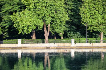 El Retiro park pond in Madrid, Spain on a sunny spring morning.の写真素材