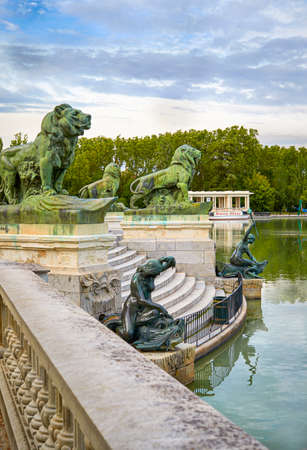 Madrid, Spain - June 16, 2020: Lions of the monument to Alfonso XII in the Retiro park in Madrid.のeditorial素材