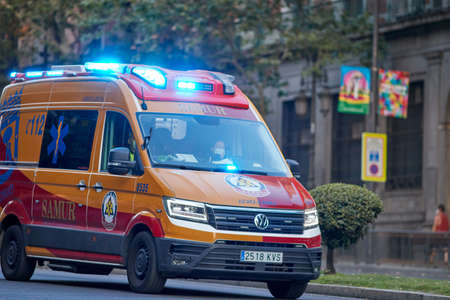 Madrid Spain. August 8, 2020: SAMUR ambulance in emergency service in the city center.のeditorial素材