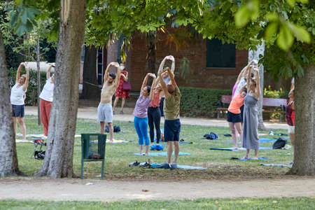 Madrid, Spain - July 7, 2020: A group of people receive a yoga class in a public parkのeditorial素材