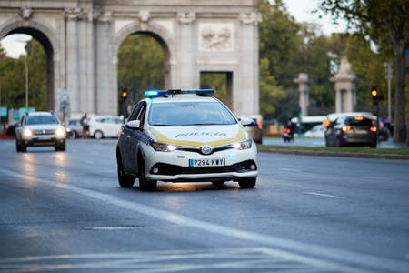 Madrid, Spain - August 8, 2020: Municipal police patrols during the Covid-19 pandemicのeditorial素材