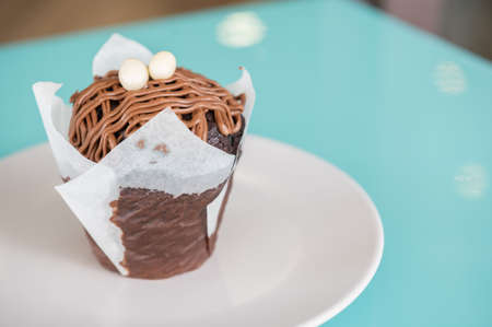Delicious chocolate cupcake on a white dish on a colorful background.Copy space. Small business...