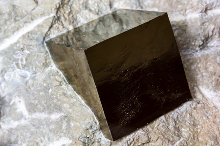Close up on a pyrite mineral stone inserted in a rockの写真素材