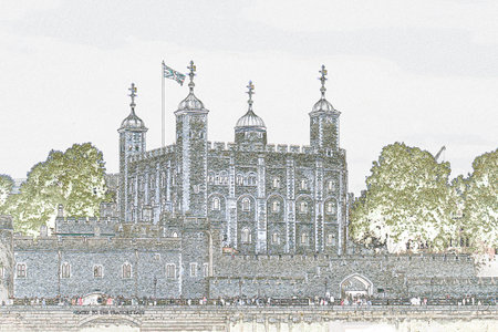 Colored drawing of the Tower of London out of a photoの写真素材