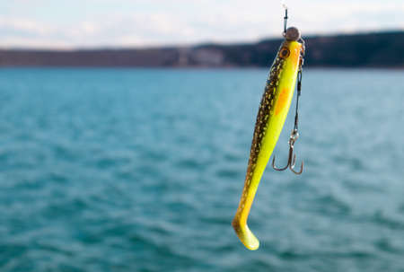 fishing rod in a lakeの写真素材