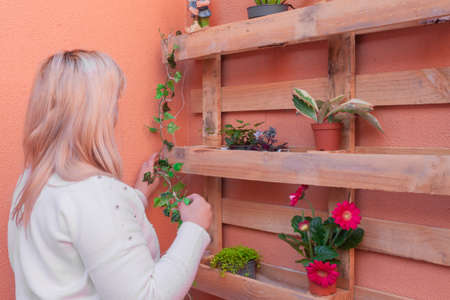 blonde woman putting pots of flowers on a palletの写真素材