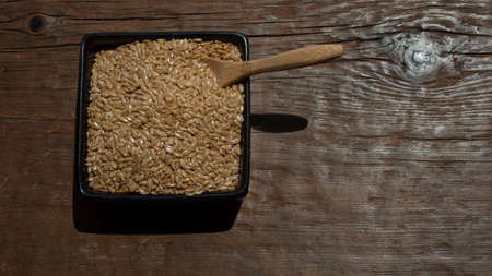 flax seeds in individual black square containerの写真素材