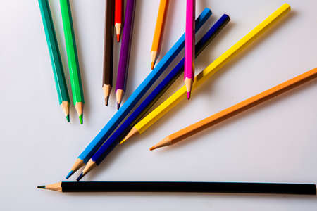 Wooden pencils of different colors on white backgroundの写真素材