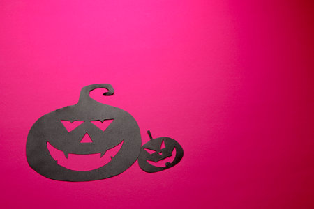 Group of hand painted black pumpkins on a colored backgroundの写真素材
