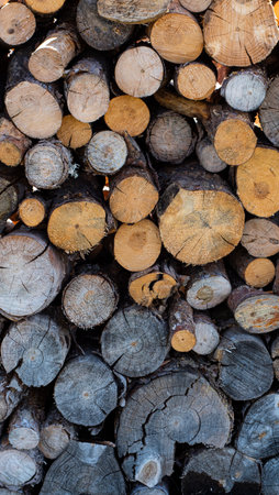 Texture photograph of stacked circular logs of firewood.