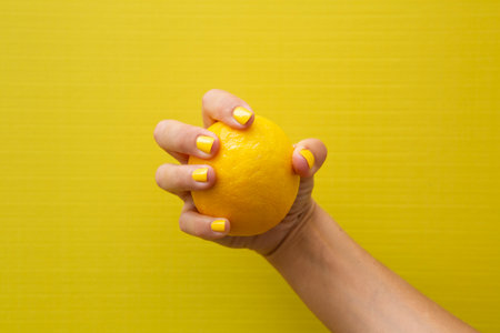 Hand of a woman with yellow fingernails holding a whole lemon with yellow backgroundの写真素材