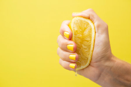 Hand of a woman with yellow fingernails squeezing half a lemon for juice with yellow background.の写真素材