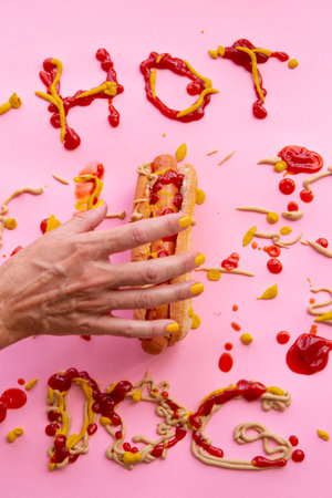 Hot dog with ketchup and mustard on a pink backgroundの写真素材