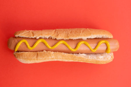Picture of hot dog with mustard on red background