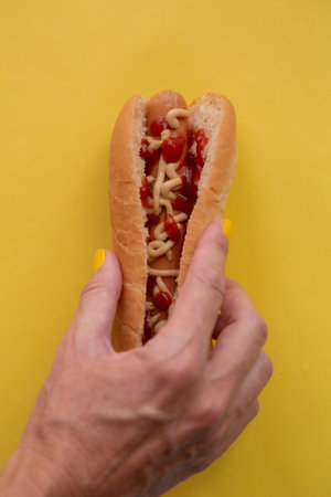 A hand holding a hot dog with mustard and ketchup against a yellow background.の写真素材