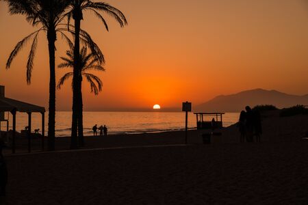 Beach with palmtrees with silhouette of people at sunset