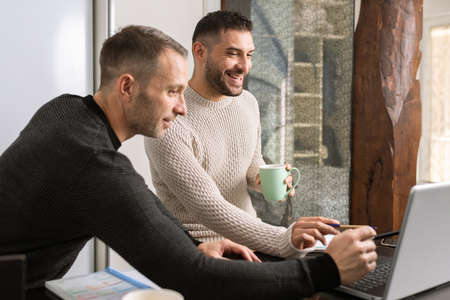 Gay couple working together at home with their laptops.