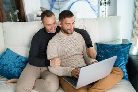 Gay couple consulting their travel plans together with a laptop.