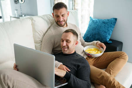 Gay couple consulting their travel plans together with a laptop.の写真素材