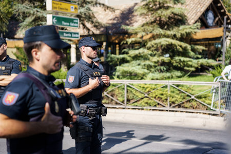 Granada, Andalusia, Spain. October 5th, 2023. Spanish National Police, guarding the security of the European Summit in Granada at the Palace of Congresses and Exhibitions.のeditorial素材