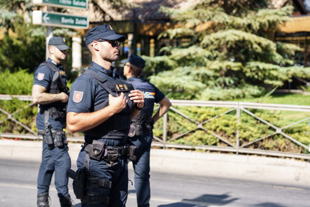 Granada, Andalusia, Spain. October 5th, 2023. Spanish National Police, guarding the security of the European Summit in Granada at the Palace of Congresses and Exhibitions.のeditorial素材