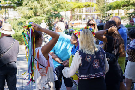 Granada, Andalusia, Spain. October 5th, 2023. Ukrainians demonstrating in Ukrainian costumes at the European Summit in Granada at the Palace of Congresses and Exhibitions.のeditorial素材
