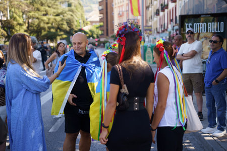 Granada, Andalusia, Spain. October 5th, 2023. Ukrainians demonstrating in Ukrainian costumes at the European Summit in Granada at the Palace of Congresses and Exhibitions.のeditorial素材