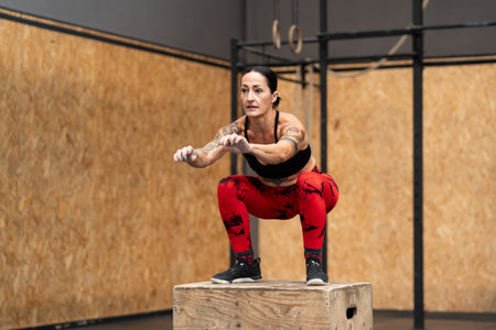 Horizontal photo with copy space of a tattooed woman exercising using box in a cross training gymの写真素材