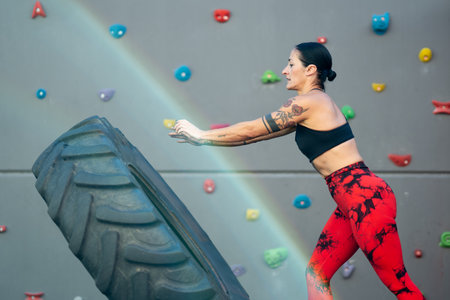 Side view of an energetic mature woman working out with a wheel in a gymの写真素材