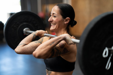 Close-up photo of a smiling mature woman lifting weights in a cross training gymの写真素材