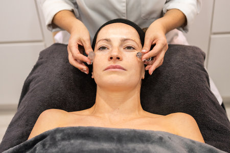 High angle of crop anonymous cosmetician in robe smoothing skin of woman with natural crystals...