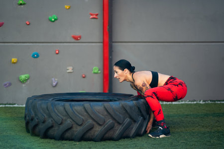 Side view of a mature sportive woman lifting a truck wheel in a gymの写真素材