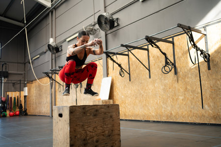 Horizontal photo with copy space of a woman jumping on a box in a cross training gymの写真素材