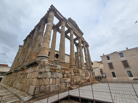Temple of Diana. Ancient temple corresponding to the Roman Empire, in the city of Merida, Badajoz,...