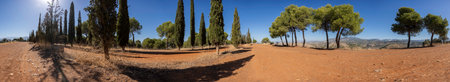 The stunning panoramic view of a Mediterranean landscape features tall trees against a vibrant blue...