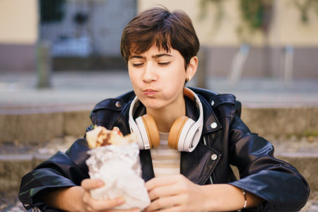 A young individual is sitting comfortably outdoors, fully enjoying a delicious and flavorful wrap while wearing headphones, surrounded by the lively atmosphere of a vibrant urban cityの写真素材