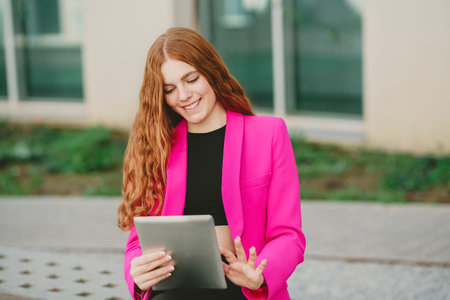 A cheerful young woman in a pink blazer is enjoying her outdoor leisure time. She holds a tablet while appreciating the fresh air, bright sunlight, and beautiful greenery around herの写真素材