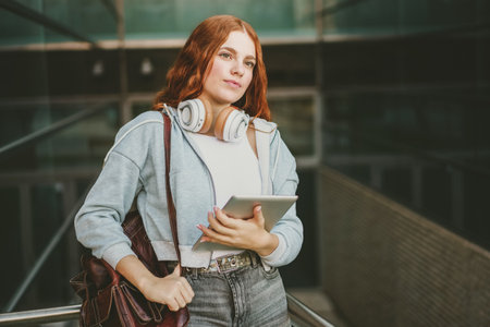 In a contemporary urban setting, a fashionable young woman confidently holds a sleek tablet and...