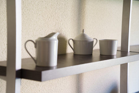 Calm setting with plain white teacup and textured backdrop, Quiet ambiance showcasing elegant minimalist porcelain tea set under gentle natural lightの写真素材