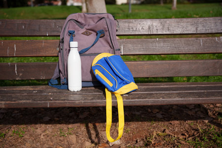 backpacks and bottle on bench, sunlit park scene with adult hiking pack and small yellow child backpack, stainless bottle upright, worn wooden slats, soft grassの写真素材