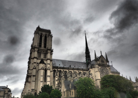 notre dam cathedral in the rainの写真素材