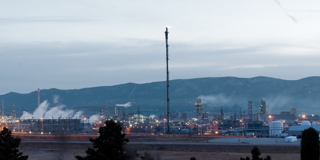 Panoramic view of an oil refinery at nightの写真素材