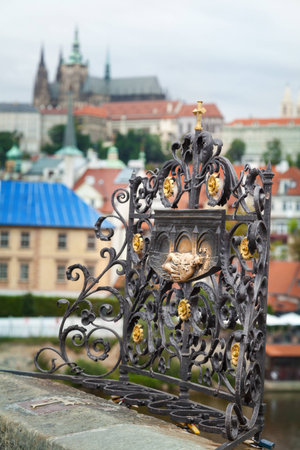 St  John of Nepomuk Shrine at Charles Bridge with Prague Castle and Mala Strana in Background のeditorial素材